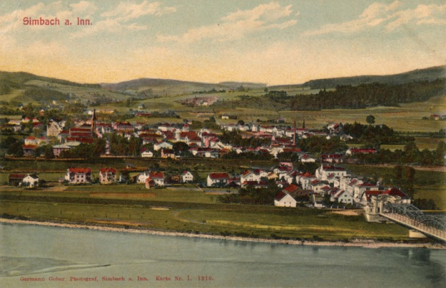 Ansichtskarte von Simbach mit Braunau und Alpenpanorama, um 1915