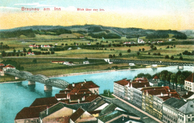 Das Simbacher Innufer mit beiden Brücken, um 1910