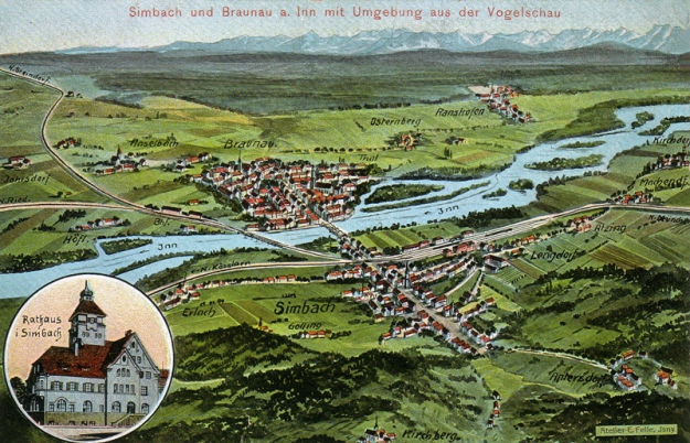 Stadtplan-Ansicht von Simbach, Braunau und Umgebung, um 1910