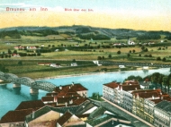 Das Simbacher Innufer mit beiden Brücken, um 1910