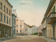 Blick von der Innstraße zum Stachus mit den Gasthöfen Zur Traube (rechts) und Neue Post, um 1905